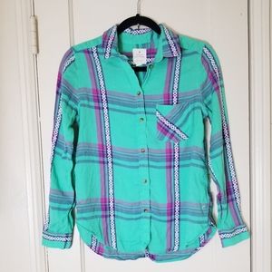 AMERICAN EAGLE OUTFITTERS vintage boyfriend green purple plaid cotton top S